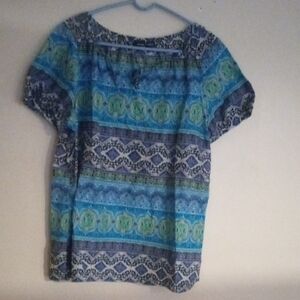 Blue & Green Patterned Short Sleeve Tunic Top